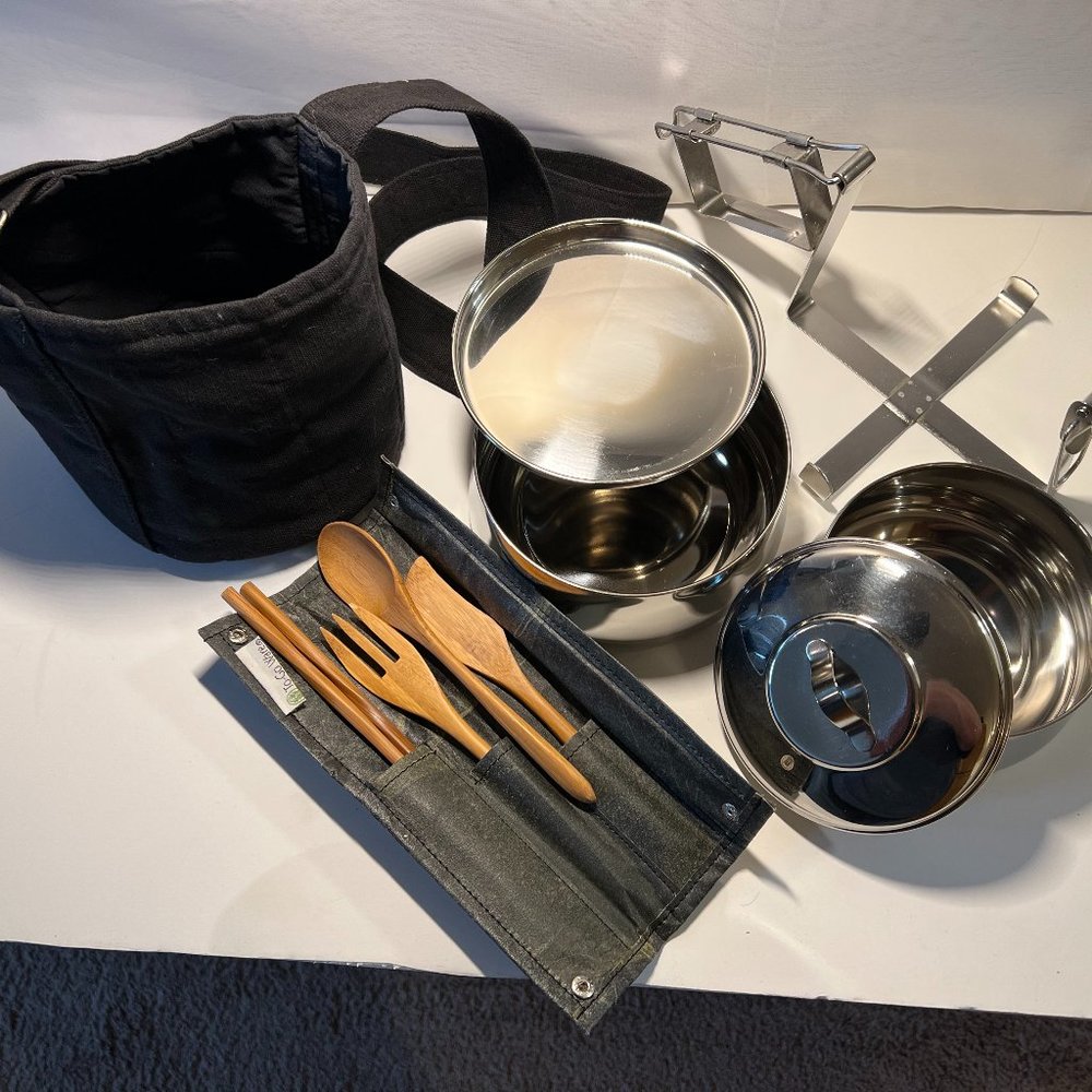 Stainless Steel Two Tier Tiffen with Bamboo Utensils and Heavy Canvas Carry Bag